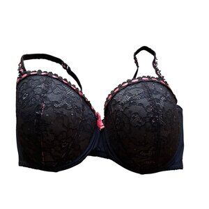 Adore Me Size 38DDD Black Floral Lace Push-Up Plunge Bra with Pink Ribbon Accent